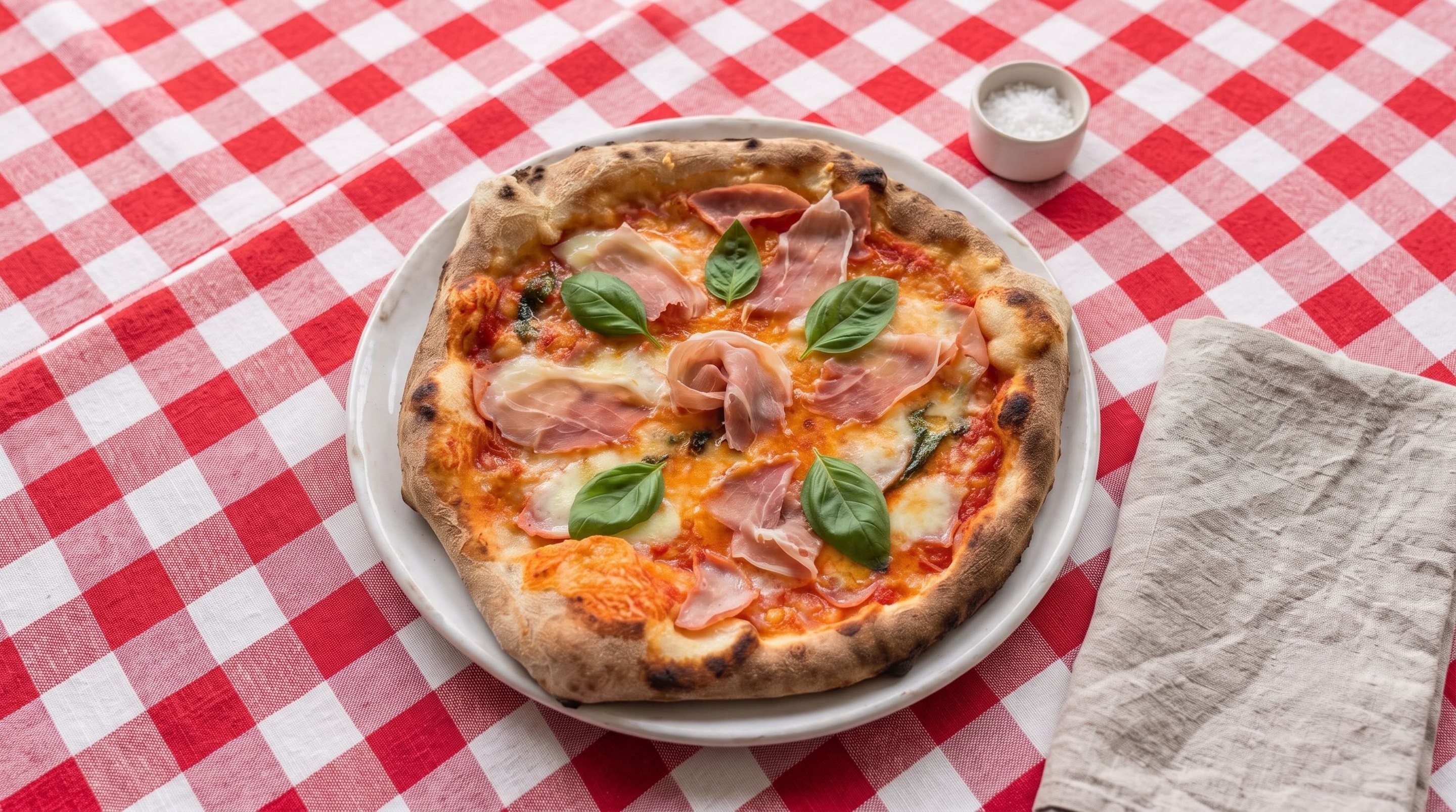 Pizza Prosciutto mit Schinken auf goldgebackenem Teig