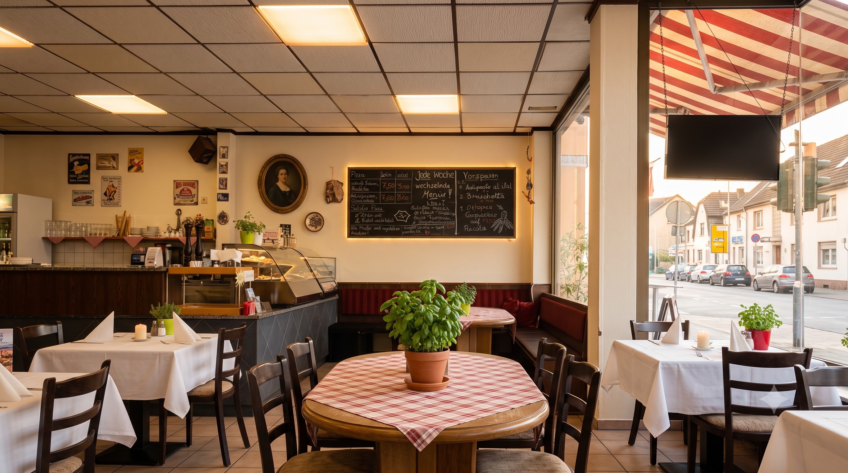 Gemütlicher Innenraum der Pizzeria Primavera mit warmem Licht