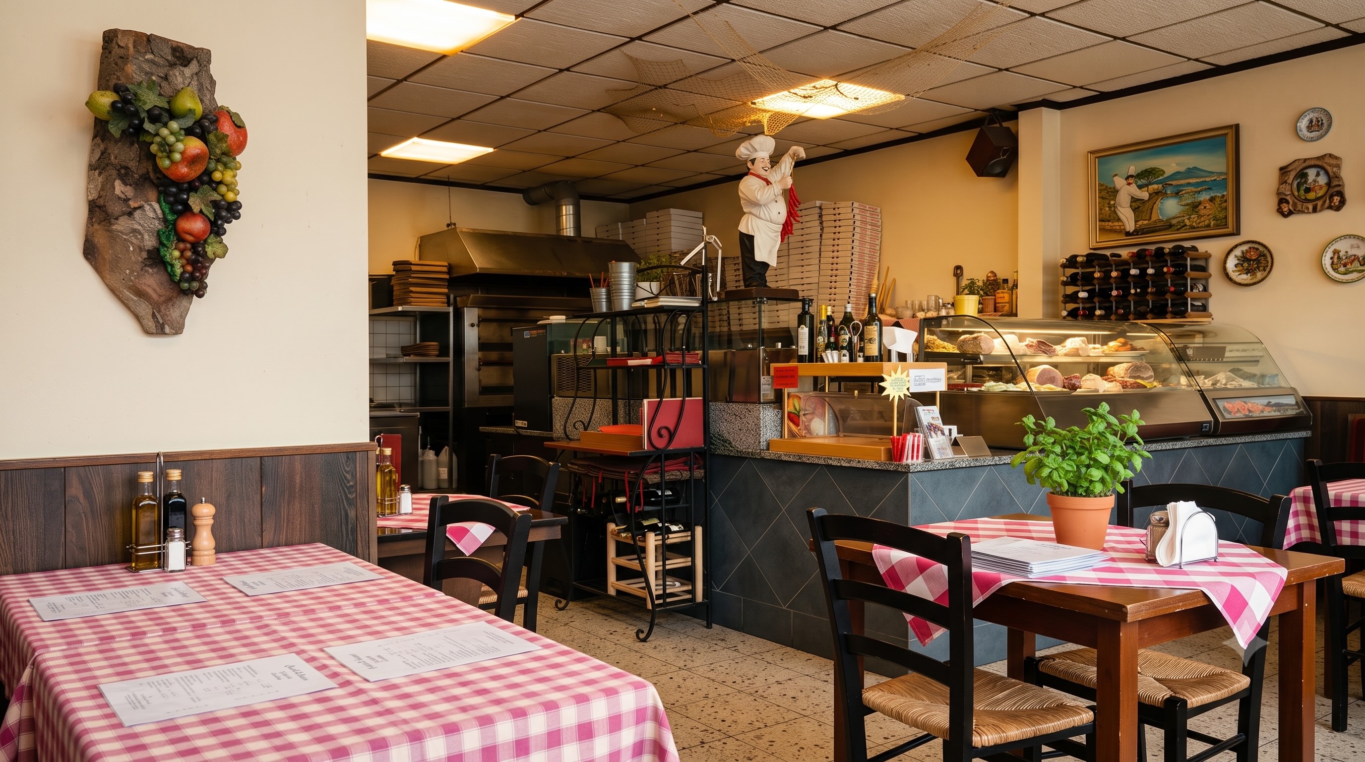 Sitzbereich der Pizzeria Primavera mit Blick auf den Holzofen